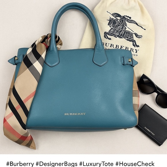Burberry Blue Leather & House Check Tote Bag - Picture 1 of 15